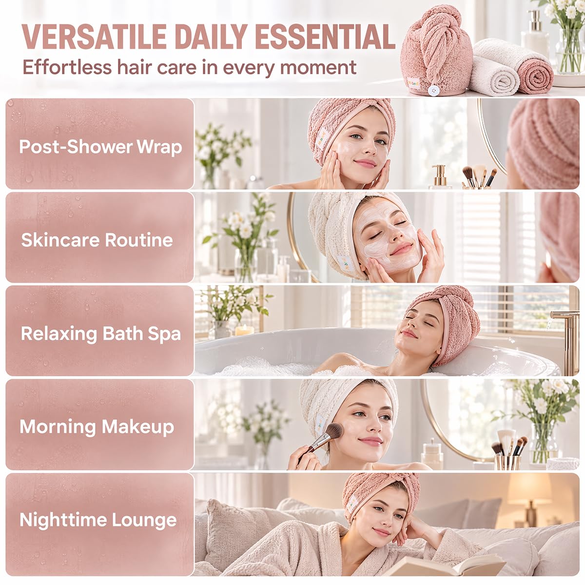 M-bestl 2 Pack Microfiber Hair Towel Wrap with Button,Quick Dry(Pink&Beige)