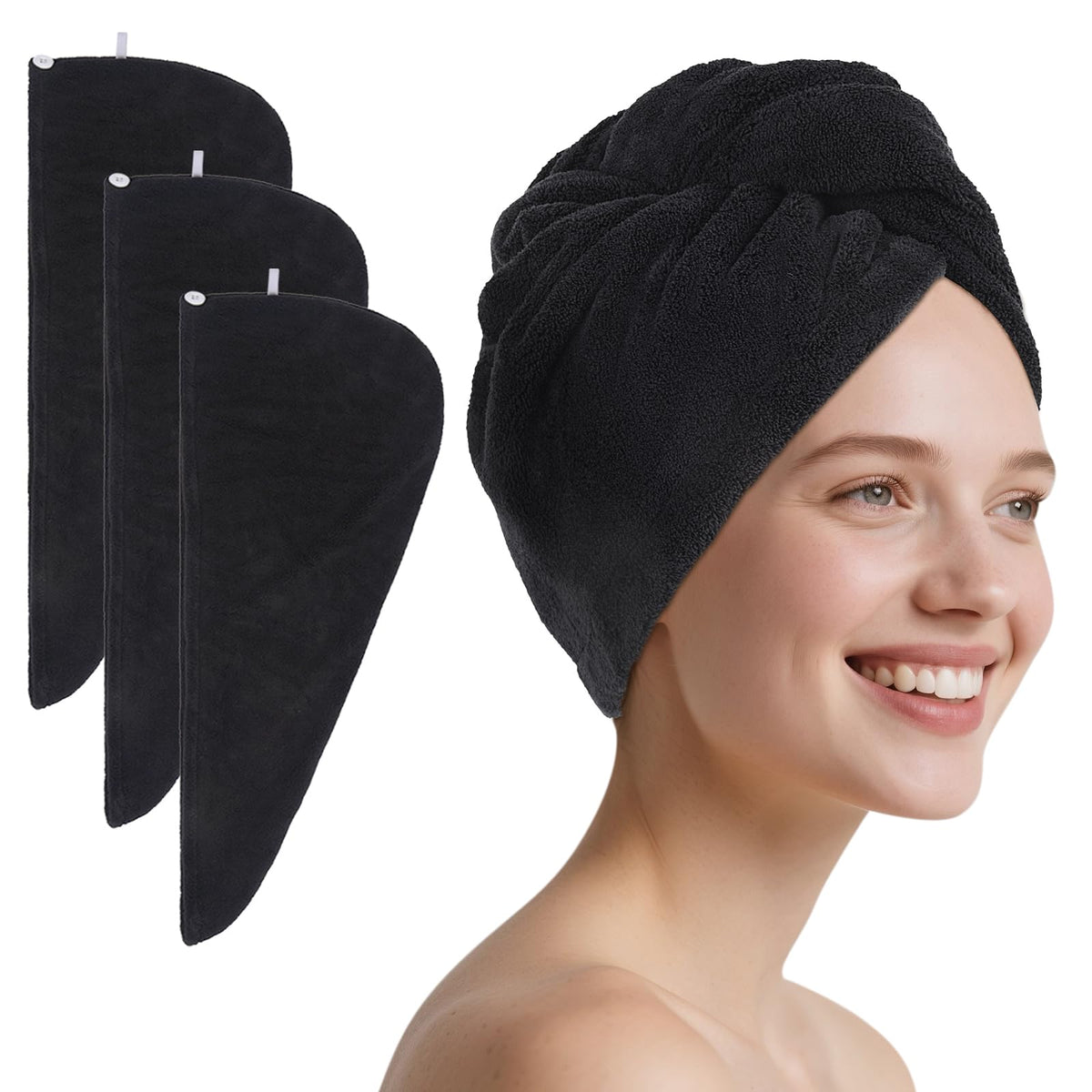 SINLAND Hair Drying Cap Hair Towel for Women 3 Pack Black
