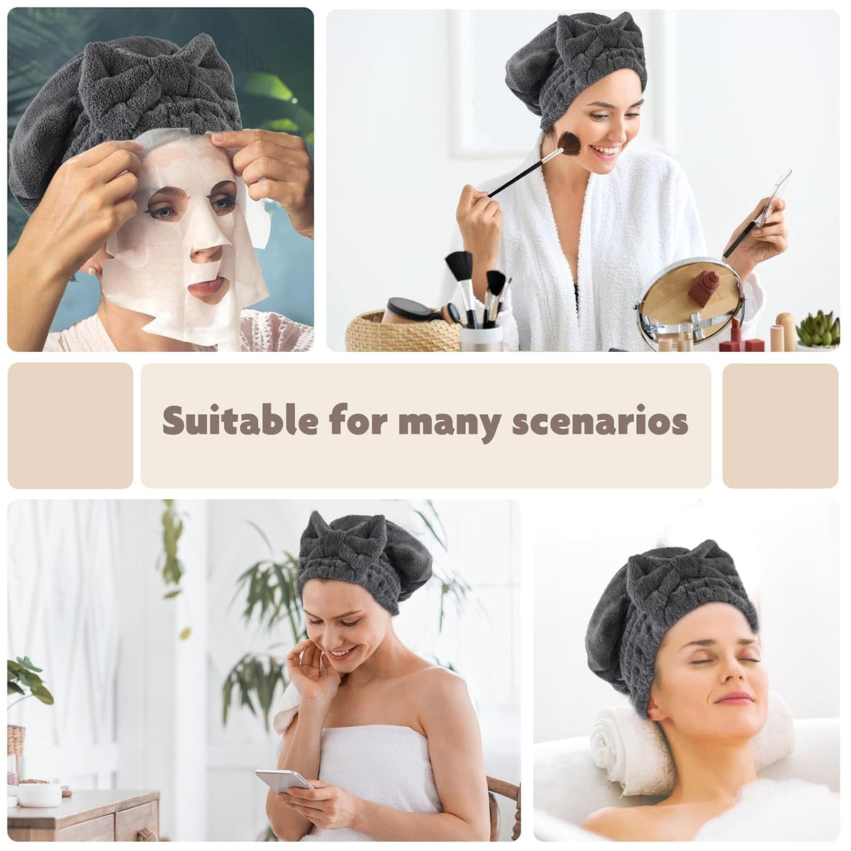 SUNLAND Large Microfiber Hair Drying Caps with Bow Knot 2 Pack Grey