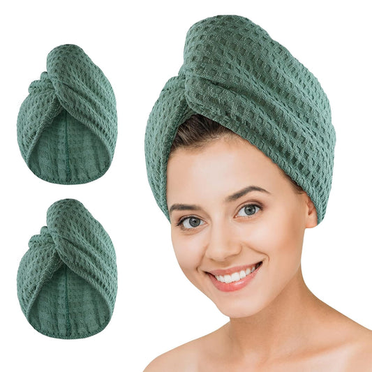 Microfiber Hair Drying Towel: 2 Pcs Waffle Long Hair Turban Wraps (Green)