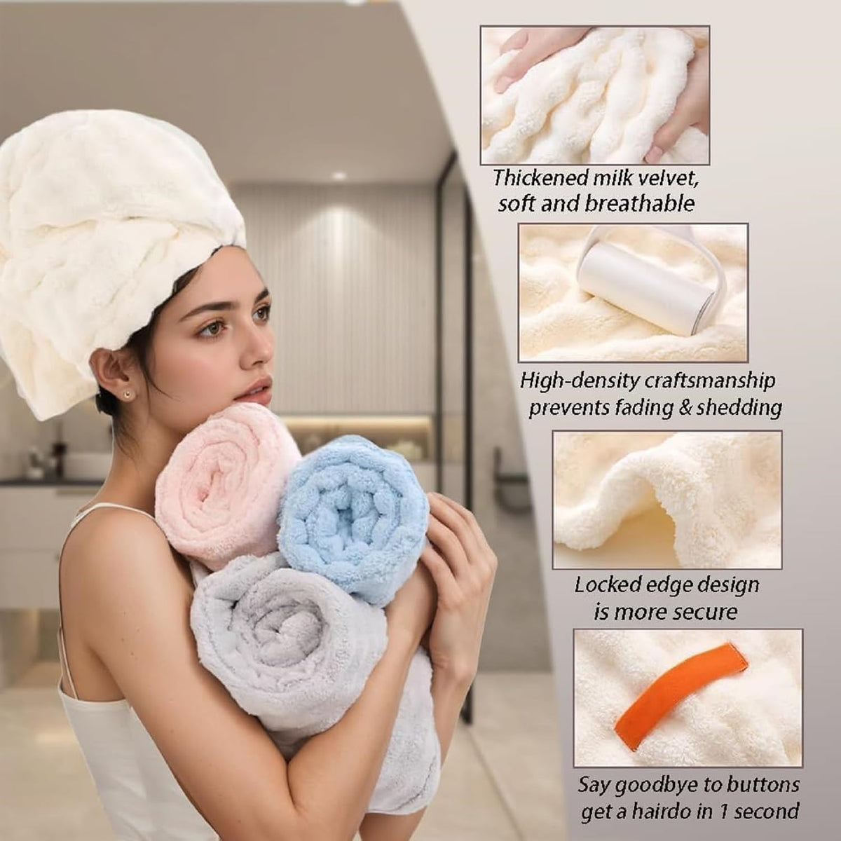 Microfiber hair drying cap,Two-piece set of extra-thick hair drying caps