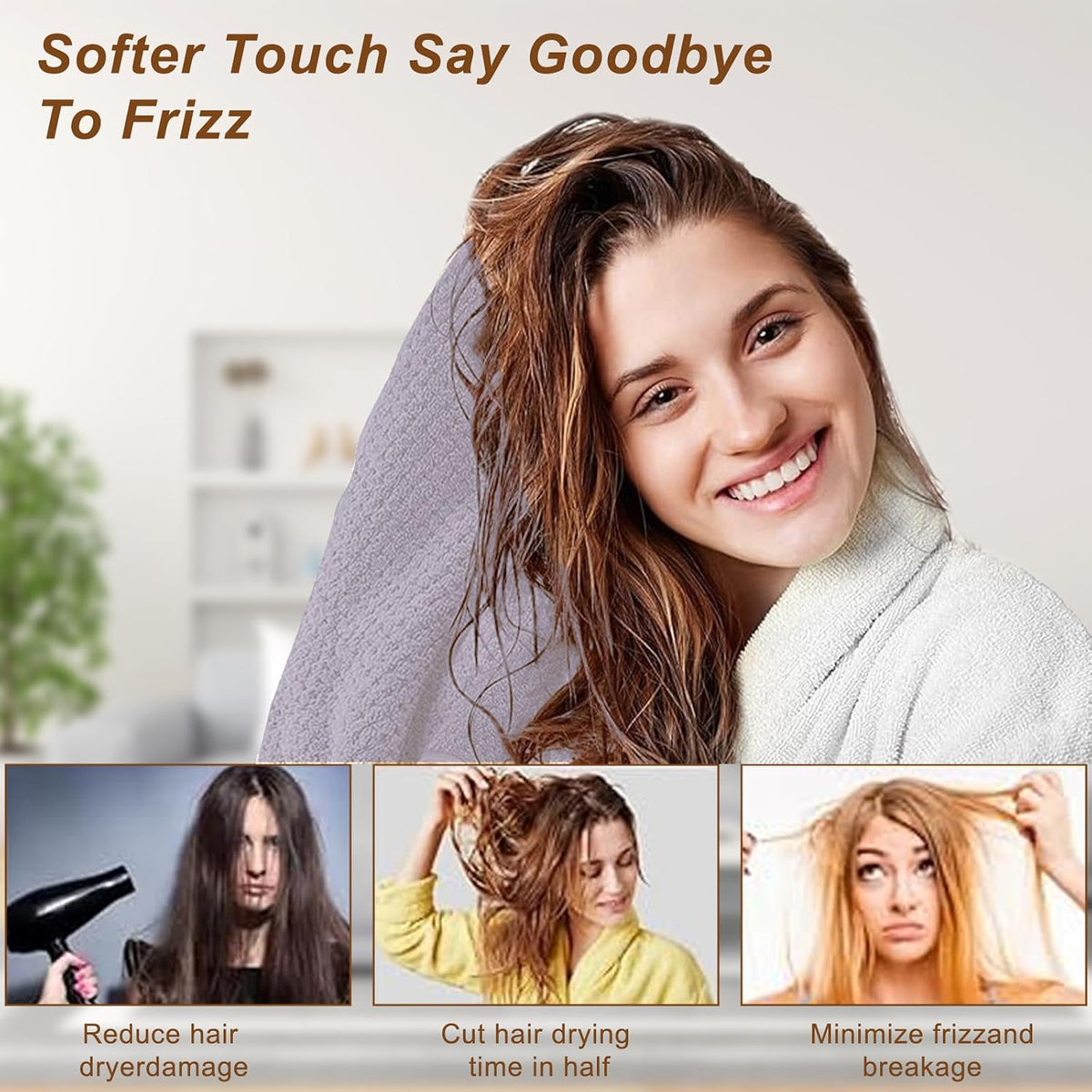 Microfiber Hair Towel Wrap, 3 Pack (Gray) Soft Hair Drying Towel
