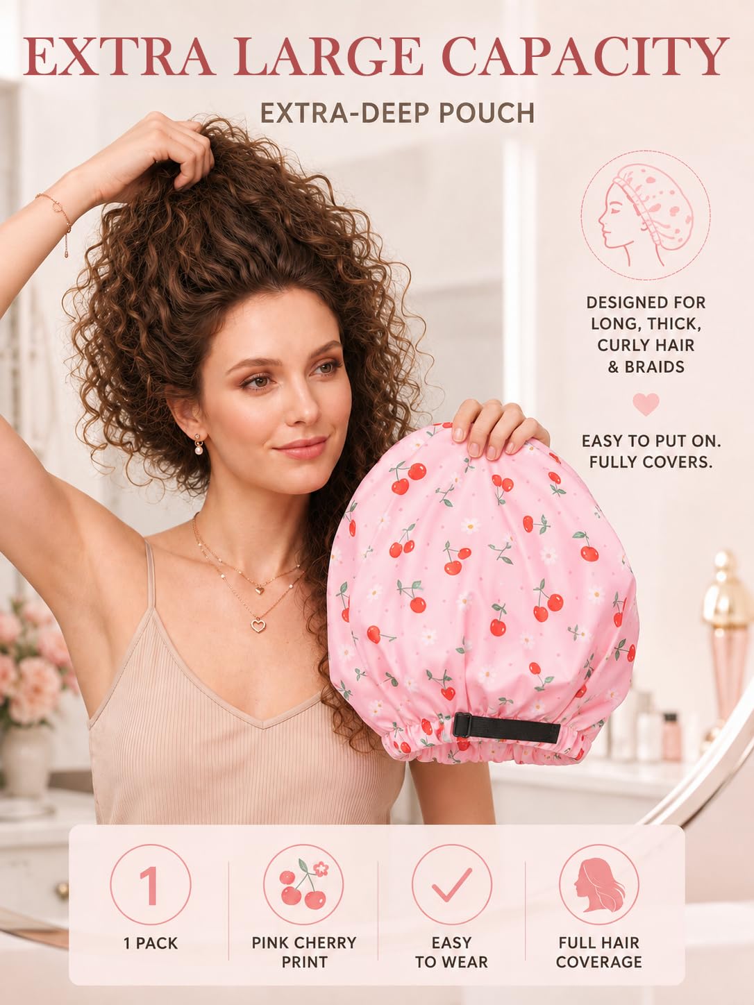 Aquior Shower Cap for Women, Extra Adjustable Shower Caps for Women Double-Layer Waterproof Reusable Hair Cap, Large Size Hair Cap for All Hair,for Girls Men Spa Bath,Soft and Comfortable (Cherry)