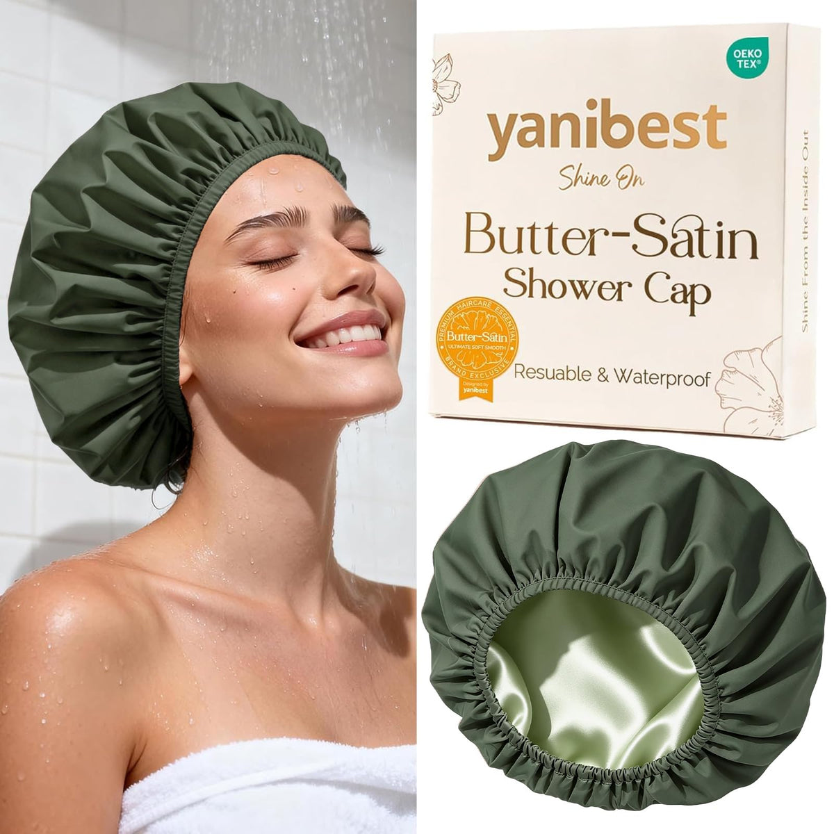Yanibest Frizz Free Satin Lined Shower Cap with Soft Elastic Band