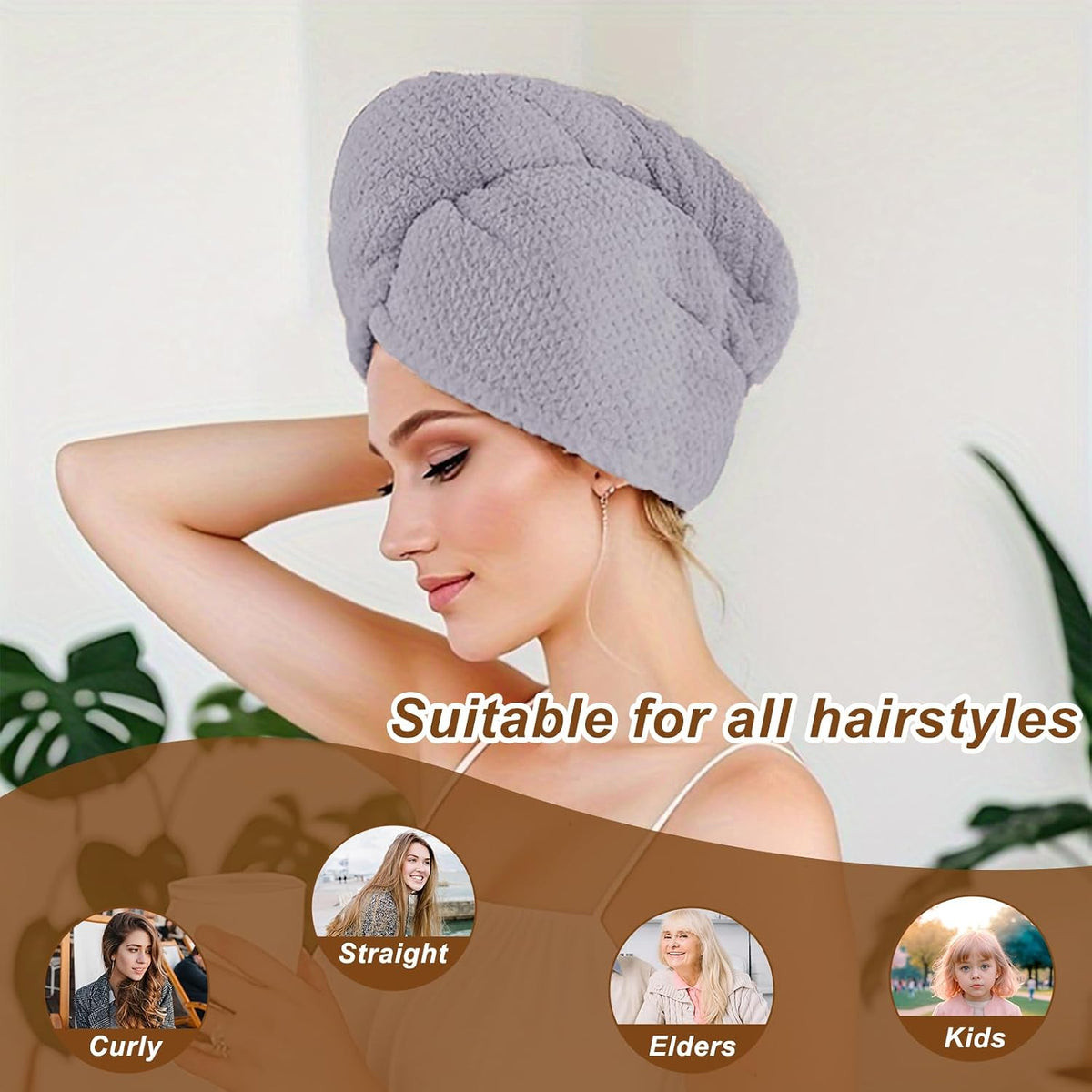 Microfiber Hair Towel Wrap, 3 Pack (Gray) Soft Hair Drying Towel