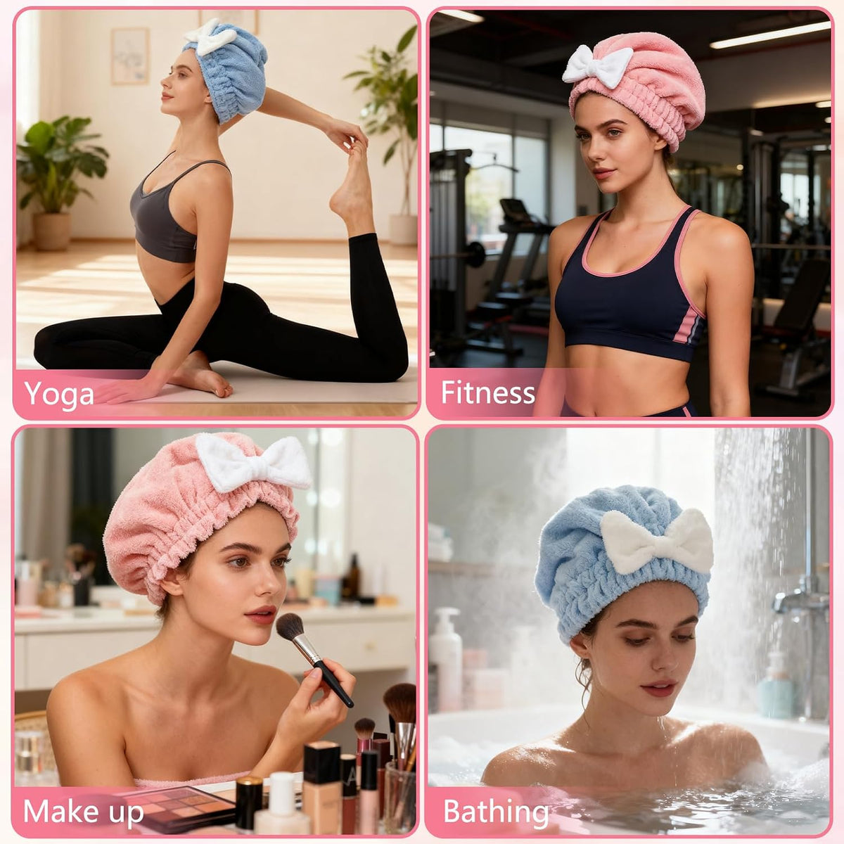 4PCS Super Absorbent Hair Towel Wrap for Wet Hair,Microfiber Hair Drying with Caps Bow Design,2026 New Fast Drying Hair Turban Wrap Towels Shower Cap for Girls and Women(Pink, Blue,Yellow,Red)