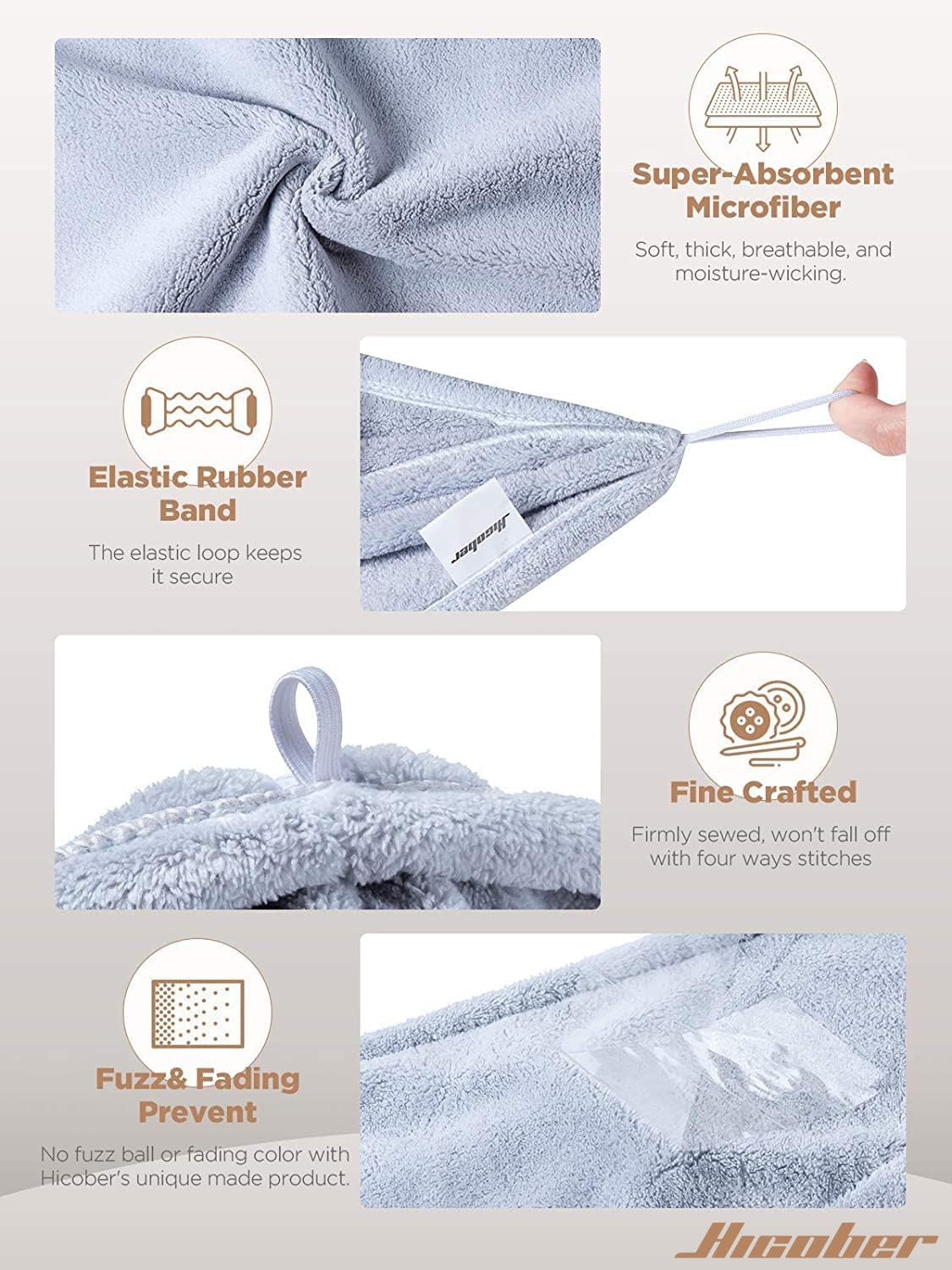 Hicober Microfiber Hair Towel Wrap for Women, Blue Grey Pink, 3-Pack