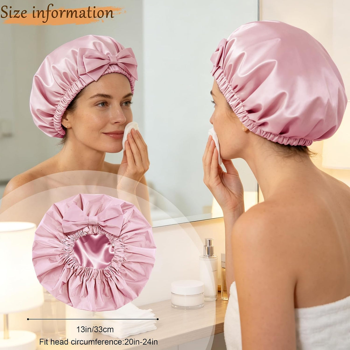 Shower Cap for Women, Large Waterproof Reusable Hair Cap with Bow