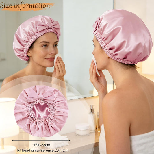 Shower Cap for Women, Large Waterproof Reusable Hair Cap with Bow