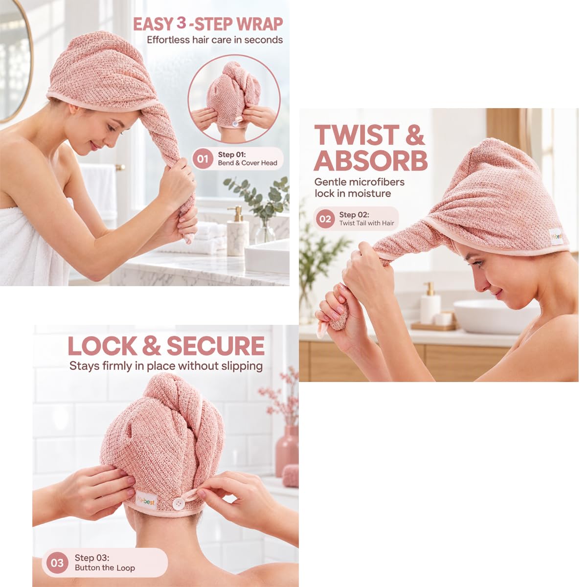 M-bestl 2 Pack Microfiber Hair Towel Wrap with Button,Quick Dry(Pink&Beige)
