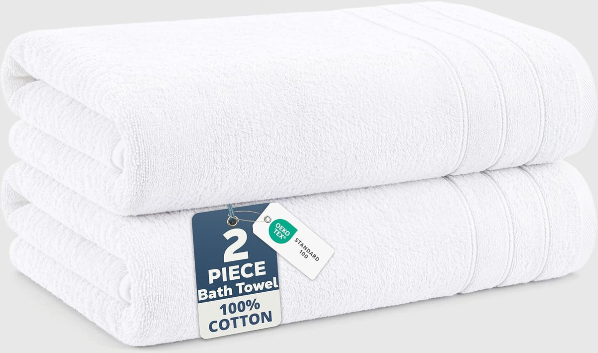 Casa Platino Bath Towels 100% Cotton 2 Piece Soft Absorbent - White