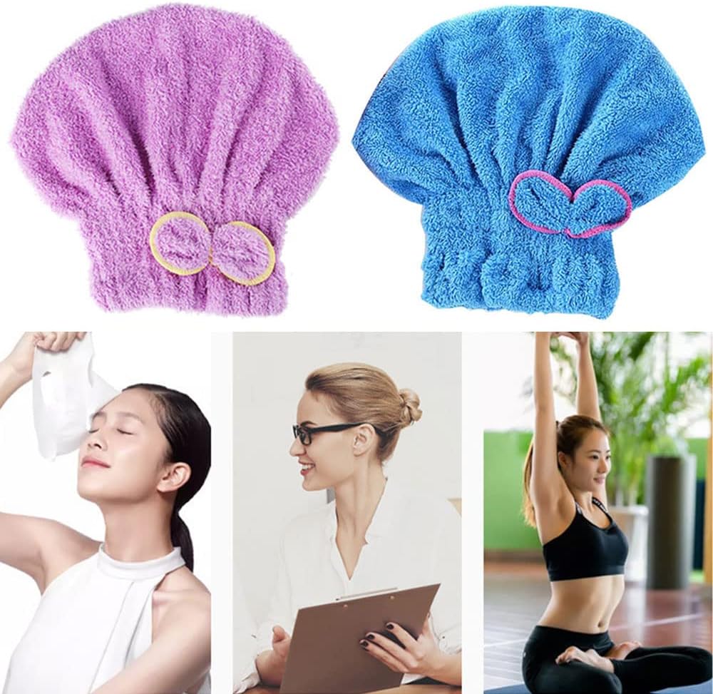 2 Pcs Microfiber Hair Drying Towels, Ultra Absorbent Cap Bowknot Turban for Women Adults or Girls, Multicolour