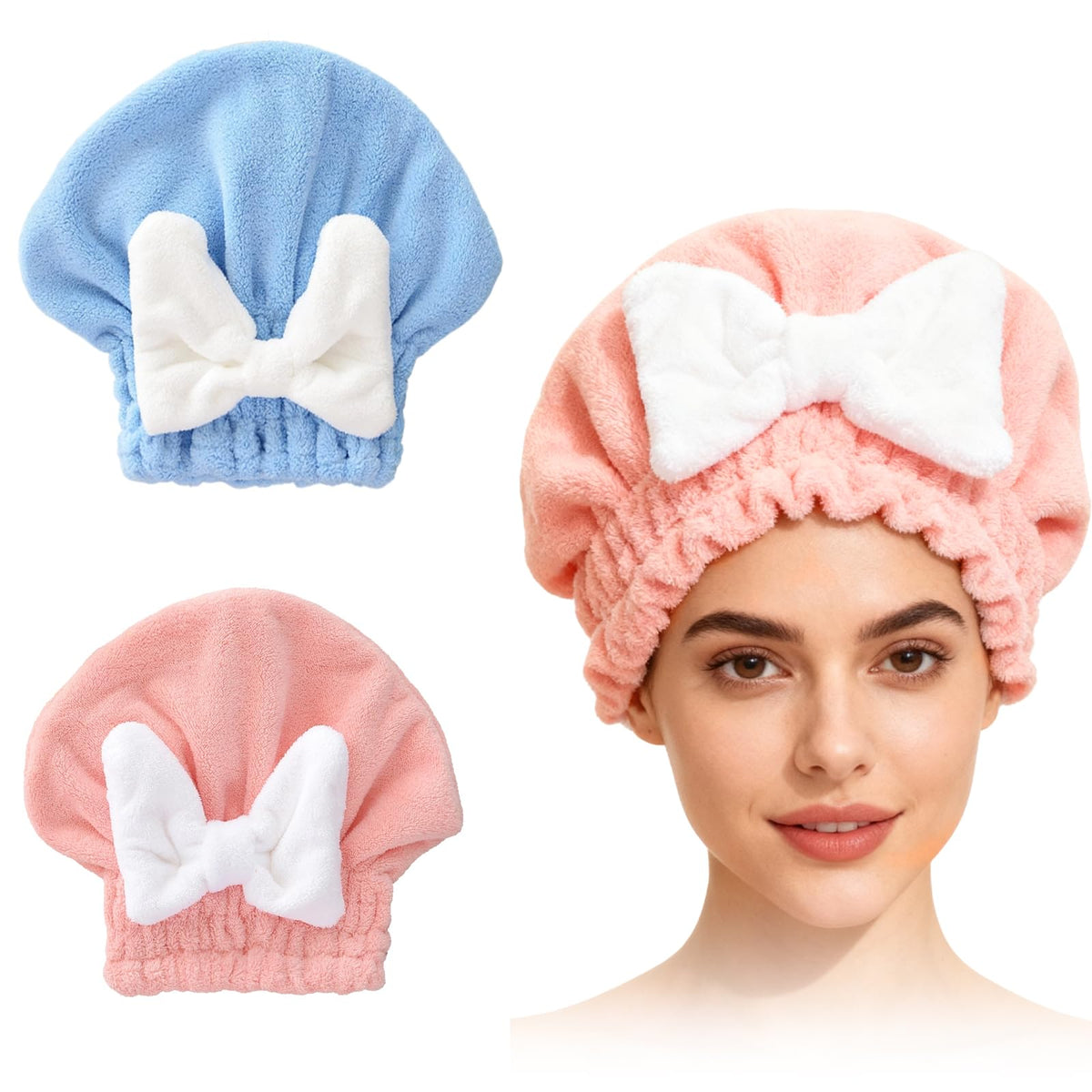 4PCS Super Absorbent Hair Towel Wrap for Wet Hair,Microfiber Hair Drying with Caps Bow Design,2026 New Fast Drying Hair Turban Wrap Towels Shower Cap for Girls and Women(Pink, Blue,Yellow,Red)