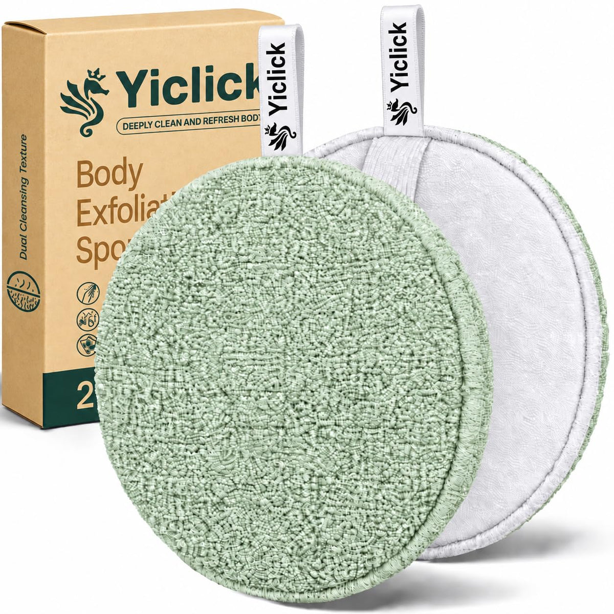 Yiclick Exfoliating Body Scrubber (2 Pack), Body Exfoliator Scrubber, Exfoliating Sponge for Shower Bath, Shower Loofah Luffa Lufa with Handle, Dead Skin Exfoliator for Body Scrub, Men Women
