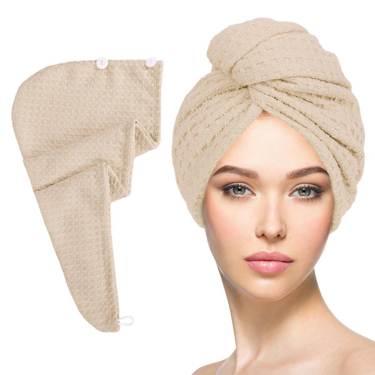 MaopaoBeauty Hair Towel Wrap for Women Long&Thick Hairs Head Wrap 1Pack Super Absorbent Hair Drying White Waffle Bath Towels for Curly Quick Dry Hair Drying Towels with Button