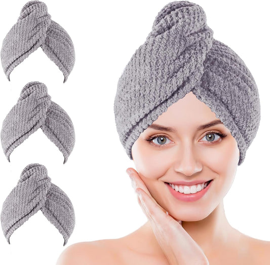 Microfiber Hair Towel Wrap, 3 Pack (Gray) Soft Hair Drying Towel