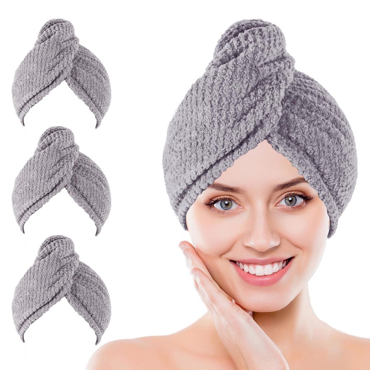 Microfiber Hair Towel Wrap, 3 Pack (Gray) Soft Hair Drying Towel