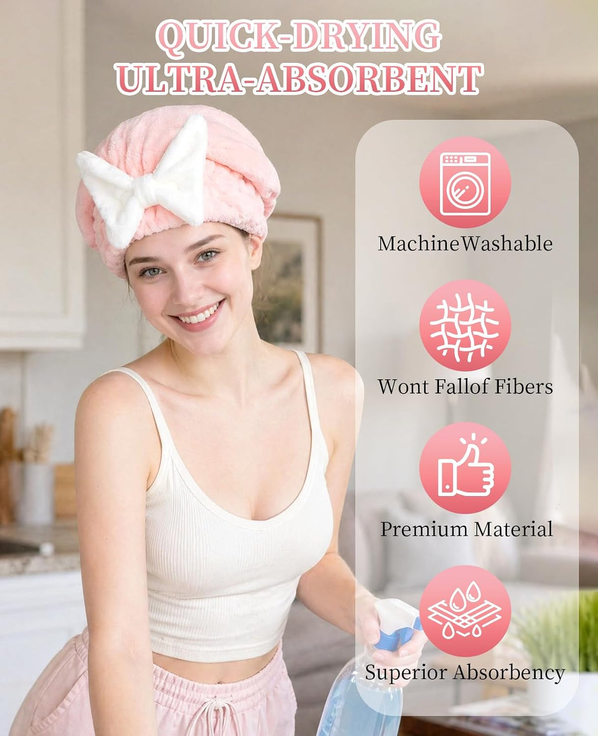 3 Pack Microfiber Hair Towel Drying Cap, Super Absorbent Fast Drying Hair Turban with Bow for Women