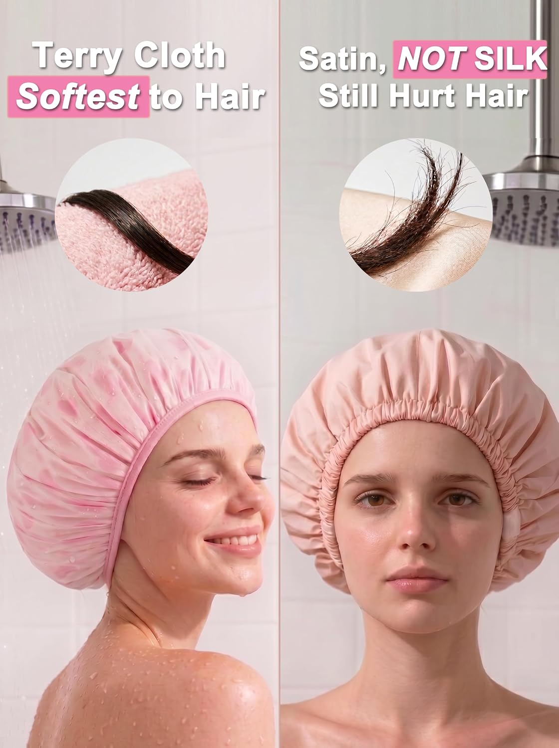 Auban Shower Cap, Shower Cap for Women Terry Cloth Lined EVA Exterior Reusable Double Layer Waterproof, Large Bath Hair Cap, Hotel Travel Essentials Accessories Cleaning Supplies(Pink)