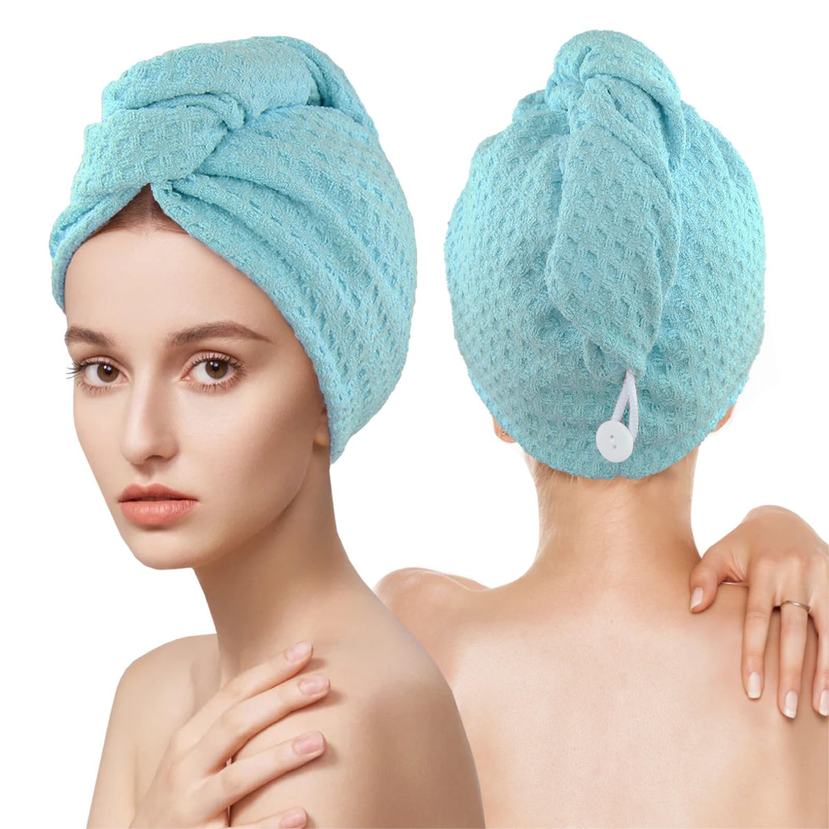 MaopaoBeauty Hair Towel Wrap for Women Long&Thick Hairs Head Wrap 1Pack Super Absorbent Hair Drying White Waffle Bath Towels for Curly Quick Dry Hair Drying Towels with Button