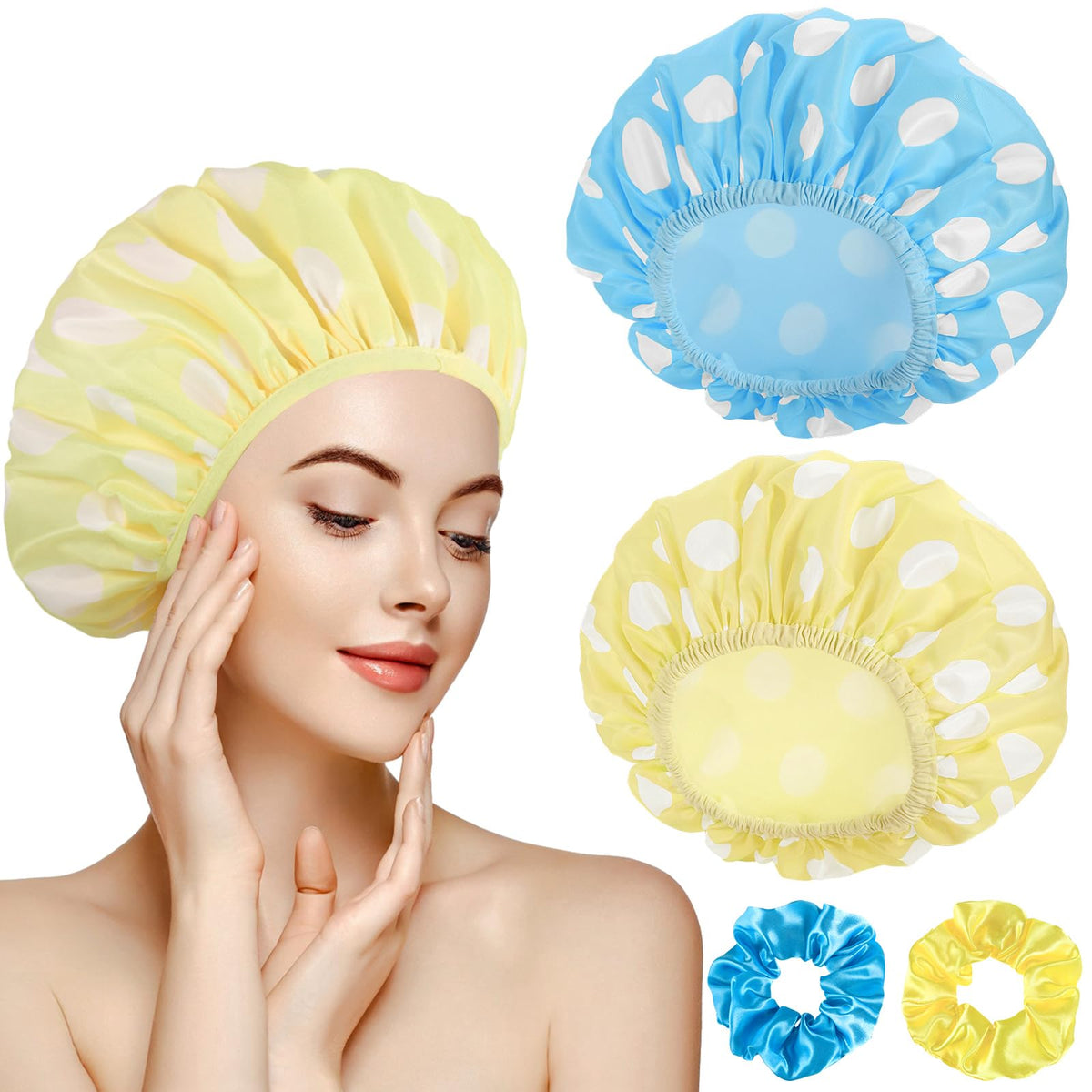 WSICSE 2 Packs Large Shower Caps for Women, Waterproof Shower Cap Double Layers Bath Caps with Hair Scrunchies for Long Thick Hair