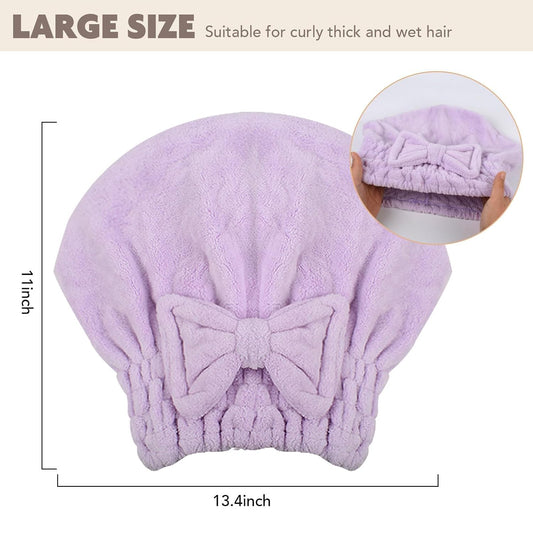 SUNLAND Large Microfiber Hair Drying Caps with Bow Knot 2 Pack Lightpurple