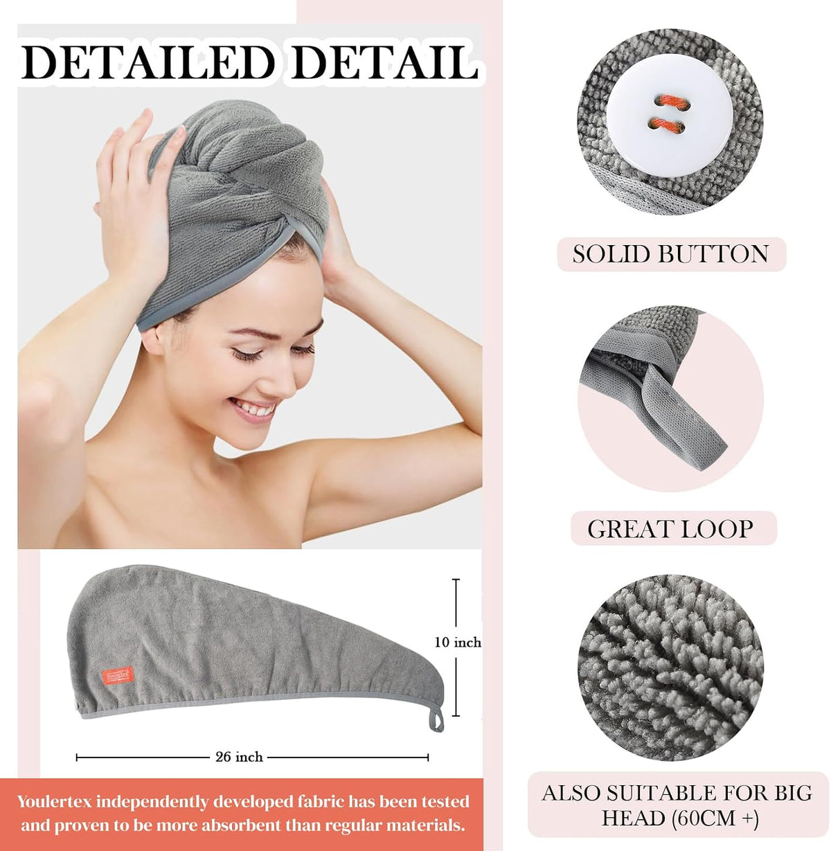 Microfiber Hair Towel Hair Wrap: 2 Pcs 10X26 Hair Dryer Women (Gray)