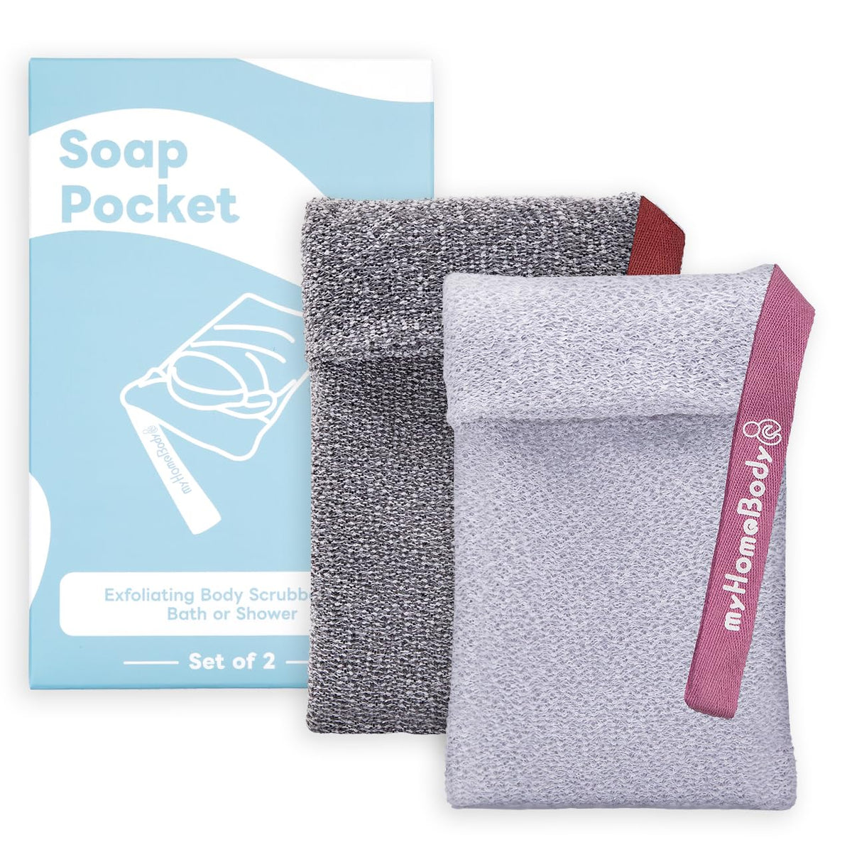 myHomeBody Soap Pocket Exfoliating Pouch, Graphite Gray, 2 pc + 2 Soap Pads