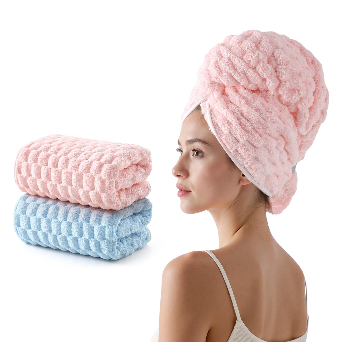 REDKISS 3 Pack Microfiber Hair Towels - Extra Large Hair Towel Wrap for Women, 24x42 inch Hair Towels with Elastic Strap, Super Soft Hair Drying Towels for Long, Thick, Curly Anti Frizz Turbans