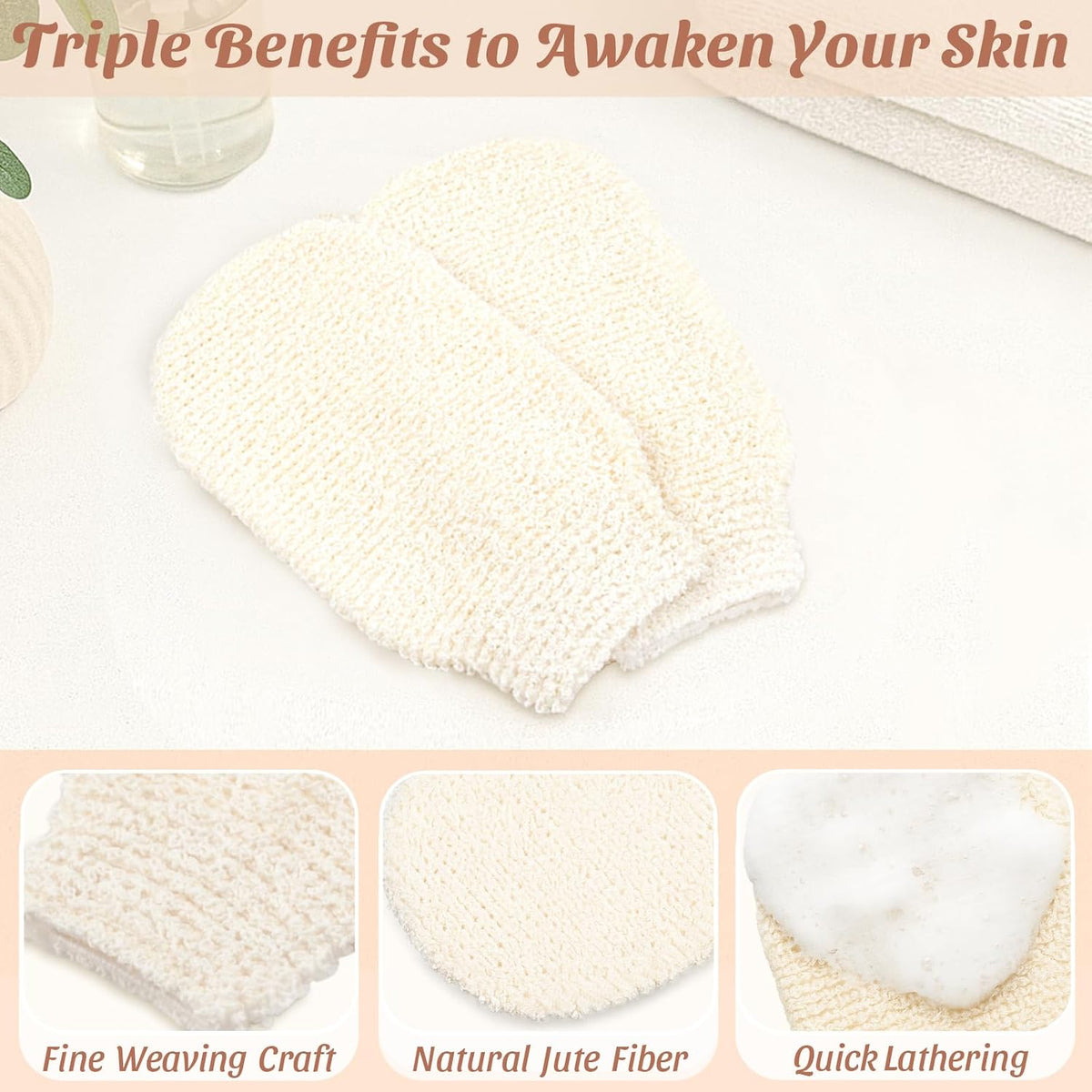 2-Pack Hemp Bath Gloves – Natural Shower Mitts for Body Scrub, Gentle Exfoliating Washcloth Mittens for Men & Women Skincare