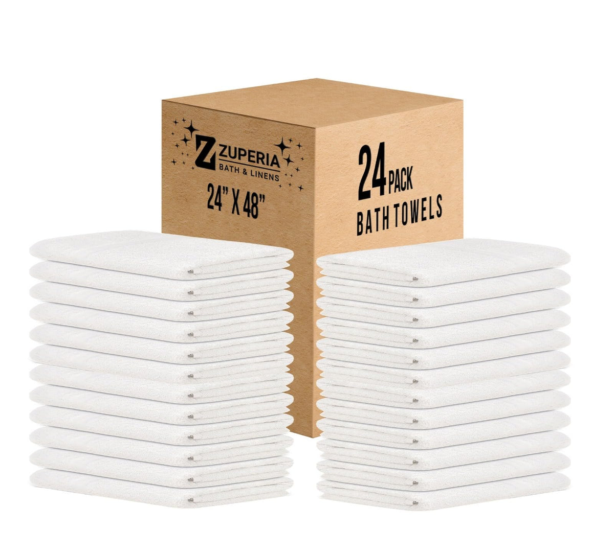 ZUPERIA White Bath Towels Bulk 12 Pack (24 x 48 Inches) - 100% Cotton Economy Light Weight Towels for Commercial Use - Quick Dry, Ultra-Soft, and Absorbent Bulk Towels