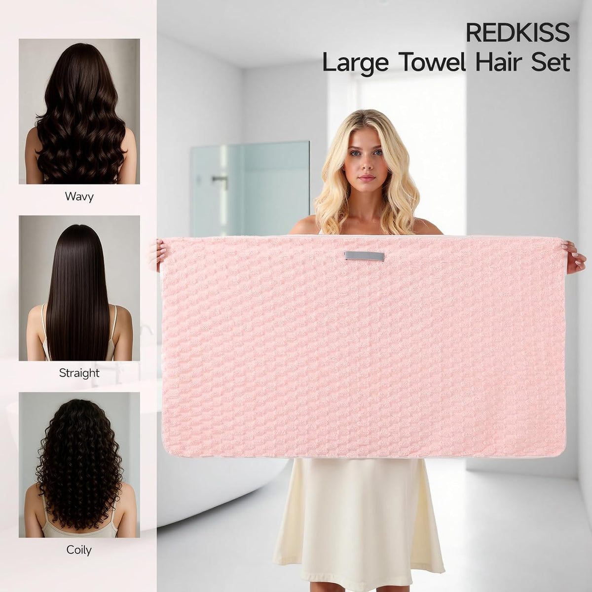 REDKISS 3 Pack Microfiber Hair Towels - Extra Large Hair Towel Wrap for Women, 24x42 inch Hair Towels with Elastic Strap, Super Soft Hair Drying Towels for Long, Thick, Curly Anti Frizz Turbans