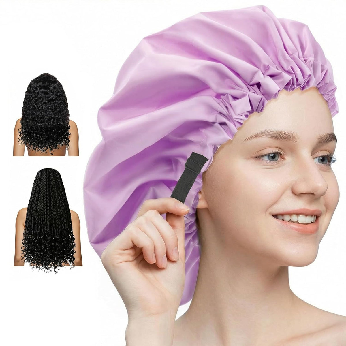 Aquior Shower Cap,Extra Adjustable Shower Caps for Women Double-Layer Waterproof Reusable Hair Cap, Large Size Hair Cap for All Hair,for Girls Spa Bath,Soft and Comfortable (Purple)