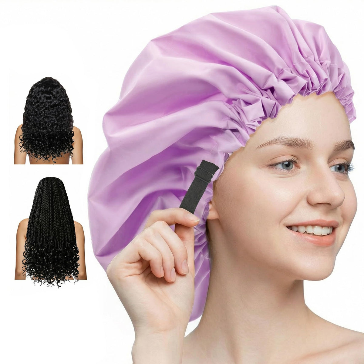 Aquior Shower Cap,Extra Adjustable Shower Caps for Women Double-Layer Waterproof Reusable Hair Cap, Large Size Hair Cap for All Hair,for Girls Spa Bath,Soft and Comfortable (Purple)