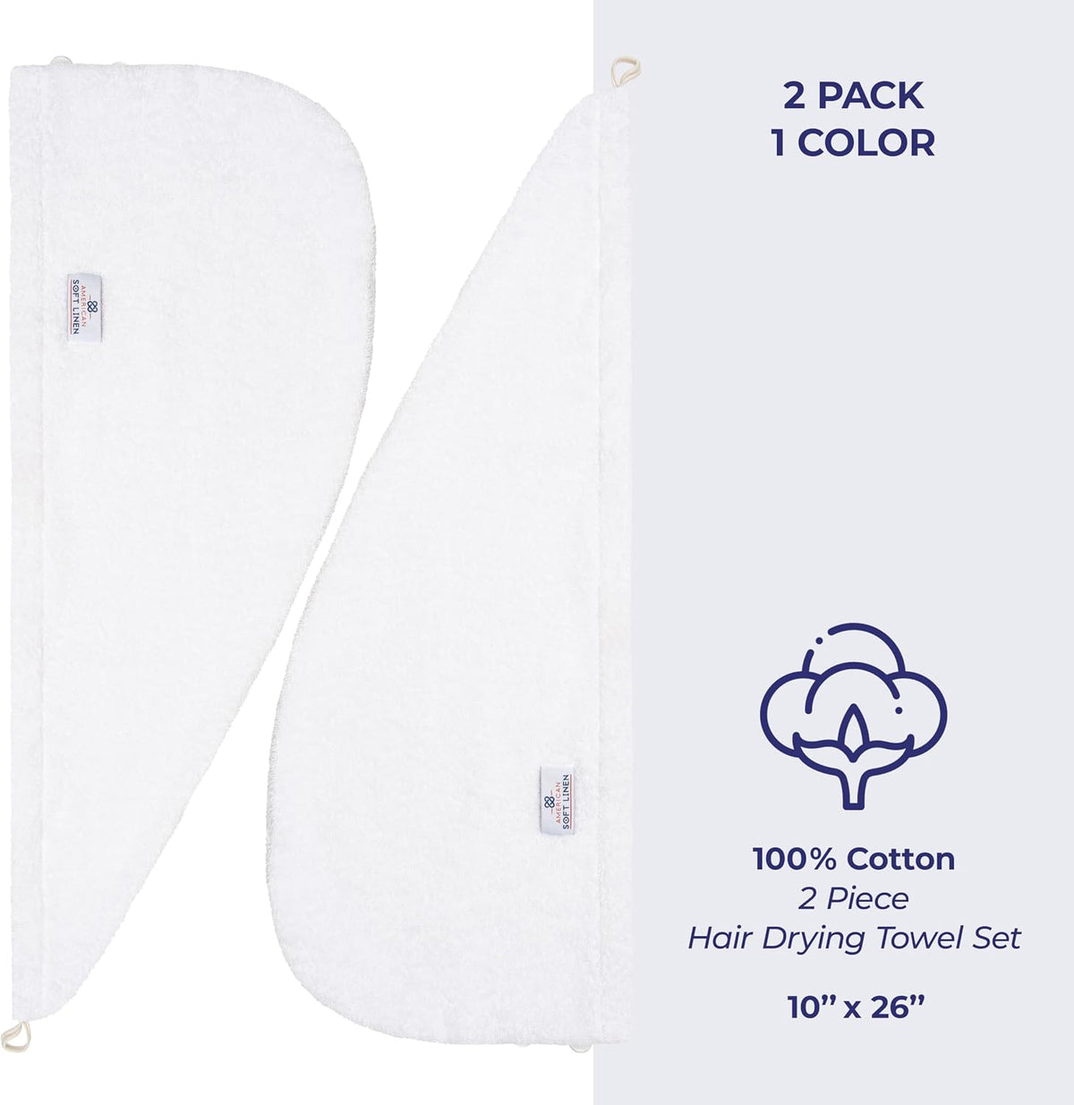 American Soft Linen 100% Cotton Hair Towels for Women, Head Towel Cap, Cotton Hair Turban Towel Wrap for Long Curly Anti Frizz Hair, Soft and Absorbent Cotton Hair Towels 2 Pack, White