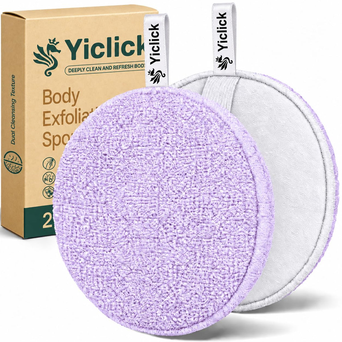 Yiclick Exfoliating Body Scrubber (2 Pack), Body Exfoliator Scrubber, Exfoliating Sponge for Shower Bath, Shower Loofah Luffa Lufa with Handle, Dead Skin Exfoliator for Body Scrub, Men Women