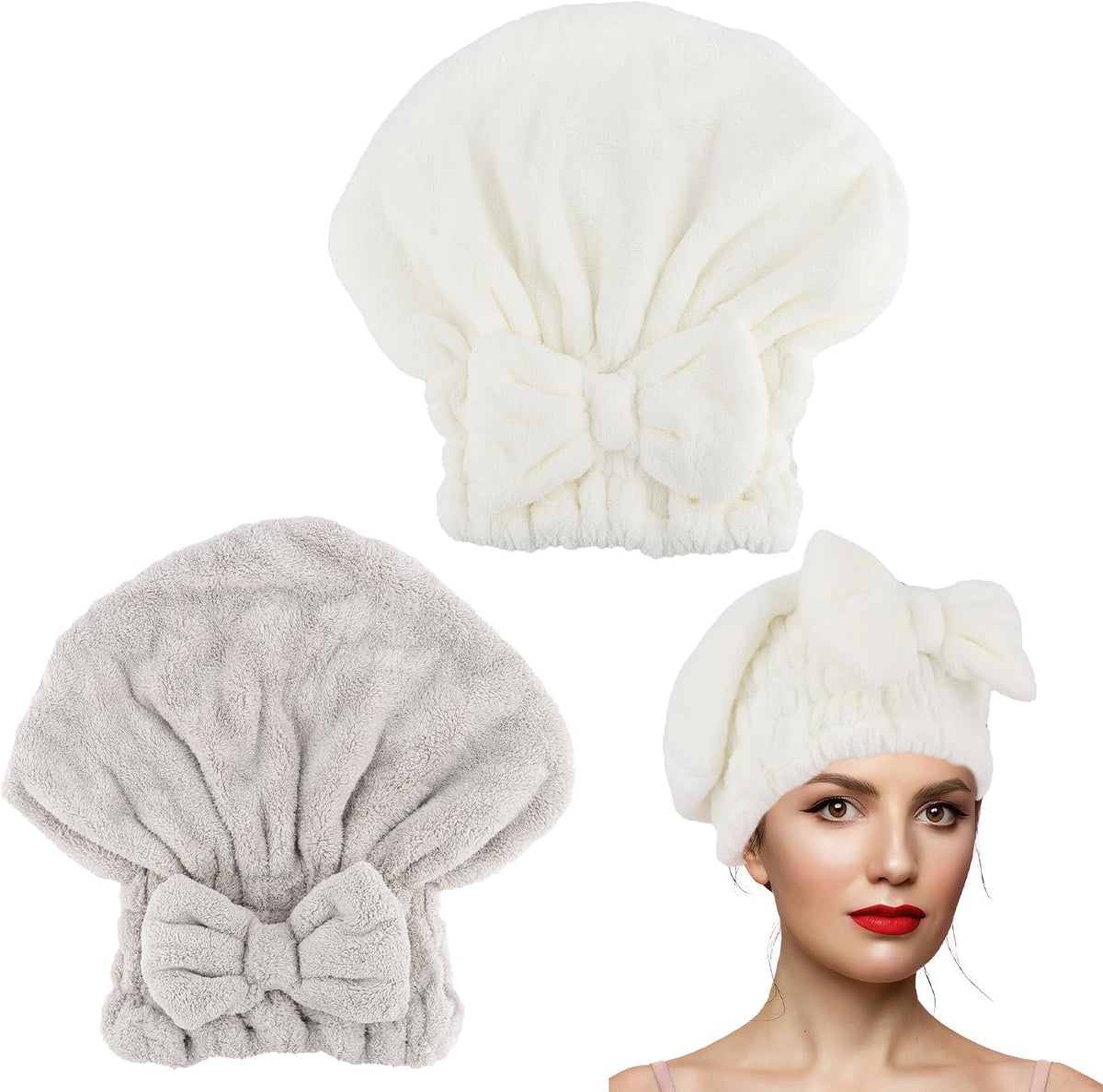 2Pcs Shower Cap Hair Towel Wrap for Women Ultra Absorbent Microfiber Hair Drying Caps with Cute Bow, Soft Plush Hair Towel Wraps for Women Girls (White&Gray)