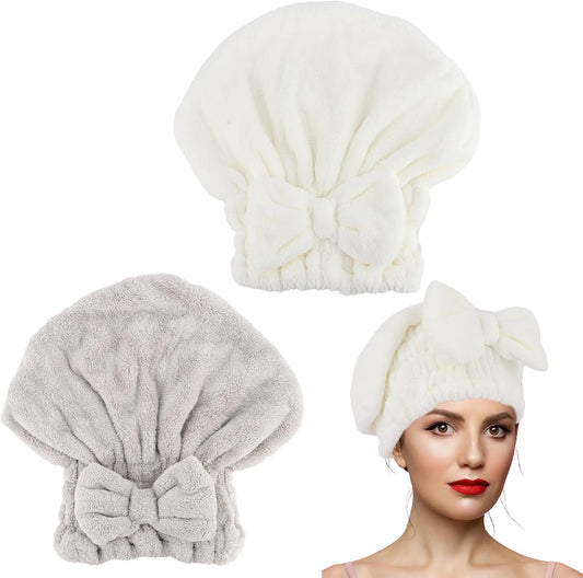 2Pcs Shower Cap Hair Towel Wrap for Women Ultra Absorbent Microfiber Hair Drying Caps with Cute Bow, Soft Plush Hair Towel Wraps for Women Girls (White&Gray)