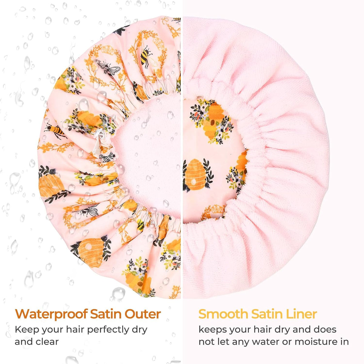 Shower Cap for Women Terry Lined Bee Bath Cap Large Reusable Waterproof Elastic Band Beekeeper Shower Caps for Long Thick Hair Soft Bath Shower Hair Caps