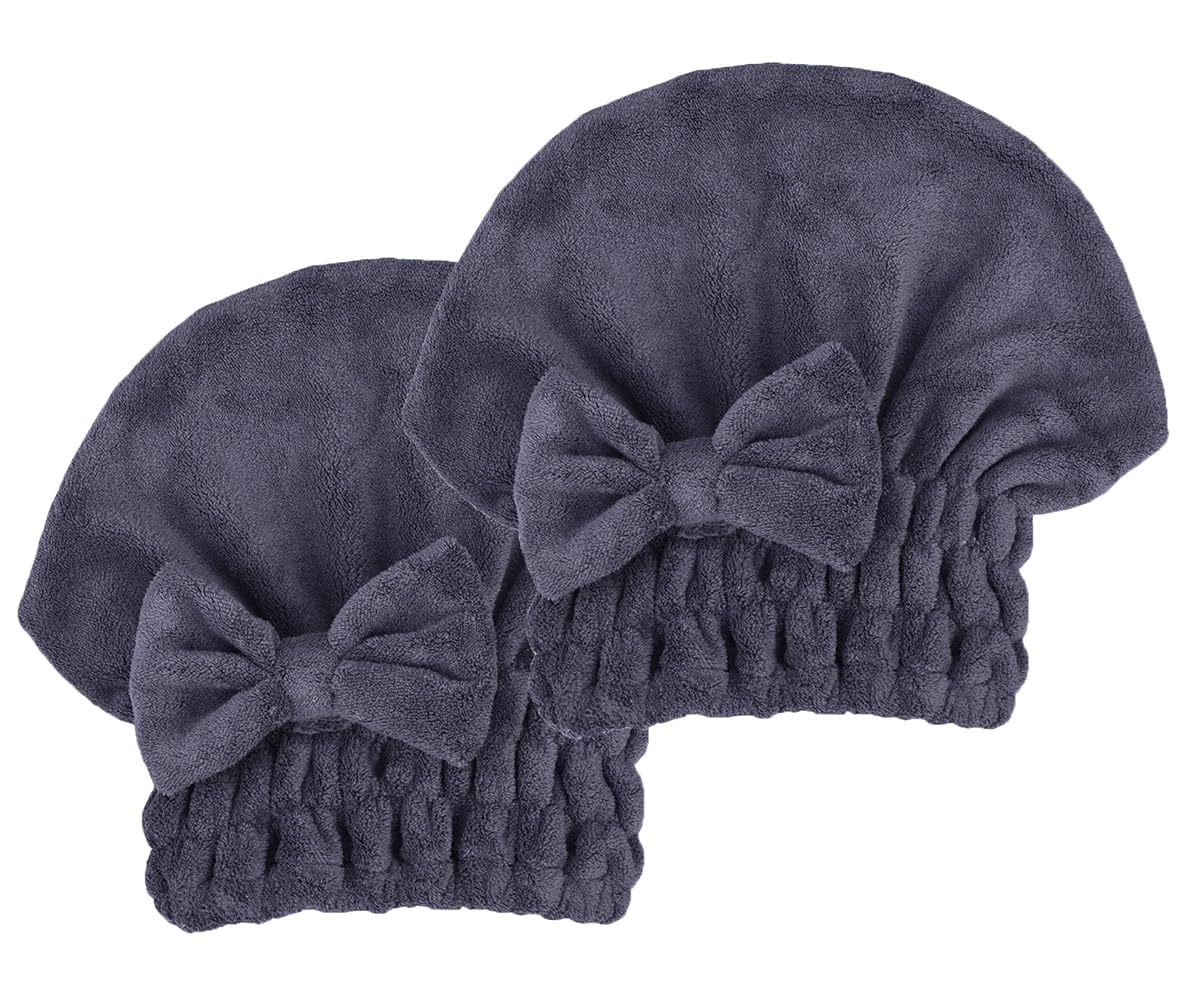 Microfiber Hair Drying Towels Head wrap with Bow-Knot Shower Cap Hair Turban hairWrap Bath Cap for Curly Long & Wet Hair Gift for Women Blackx2
