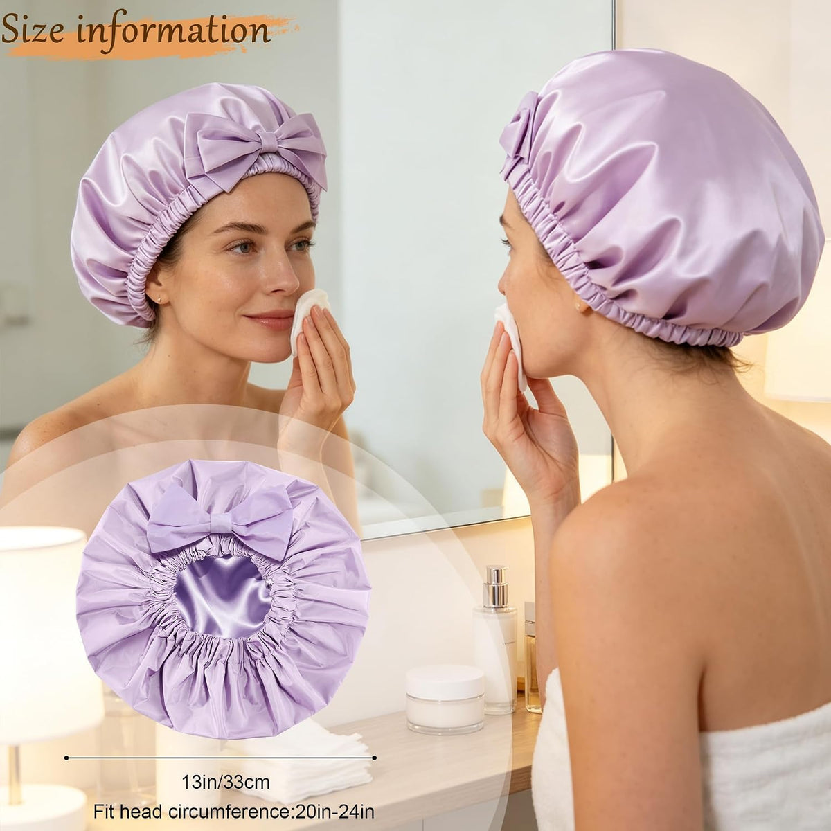 Shower Cap for Women, Large Waterproof Reusable Hair Cap with Bow