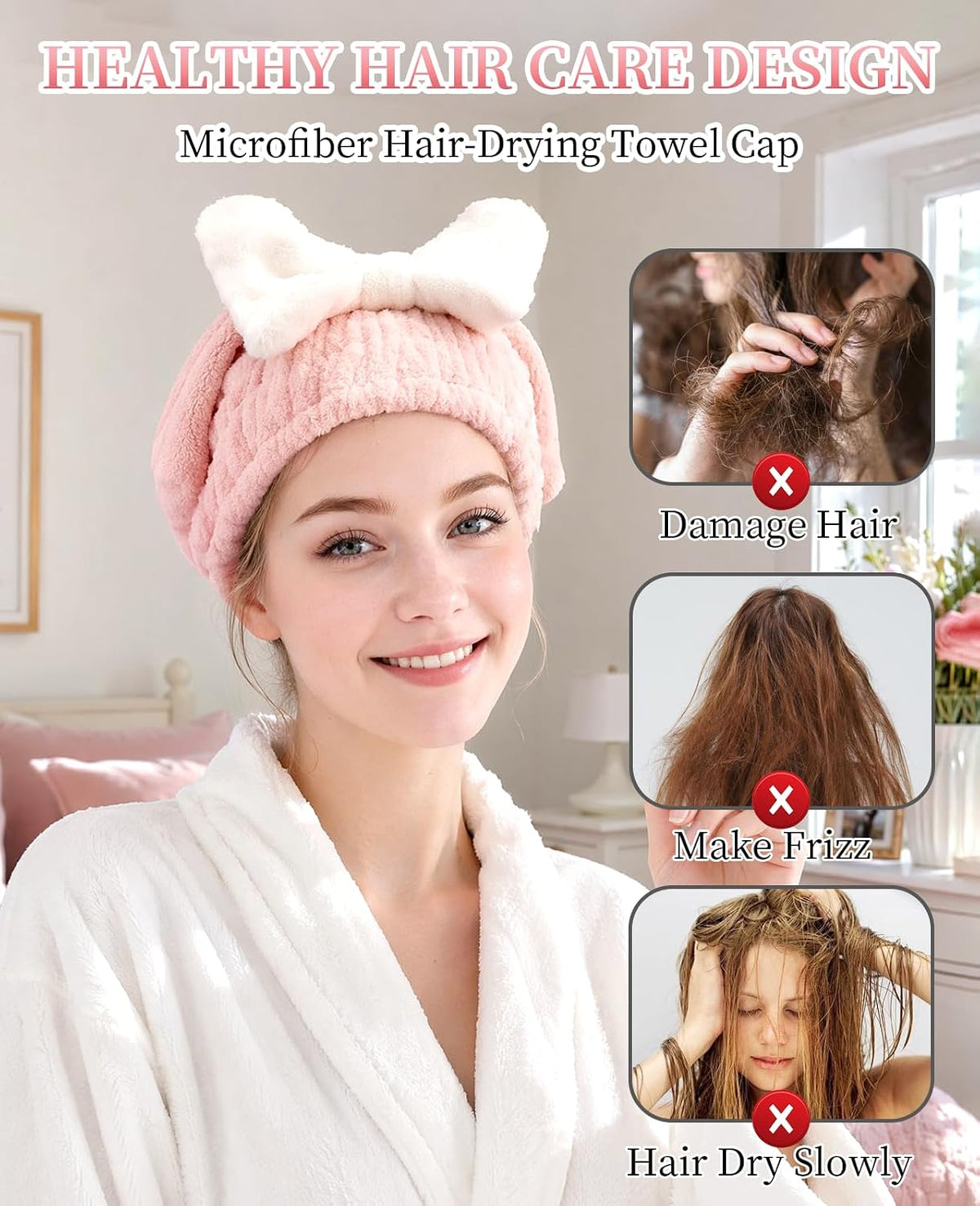 3 Pack Microfiber Hair Towel Drying Cap, Super Absorbent Fast Drying Hair Turban with Bow for Women