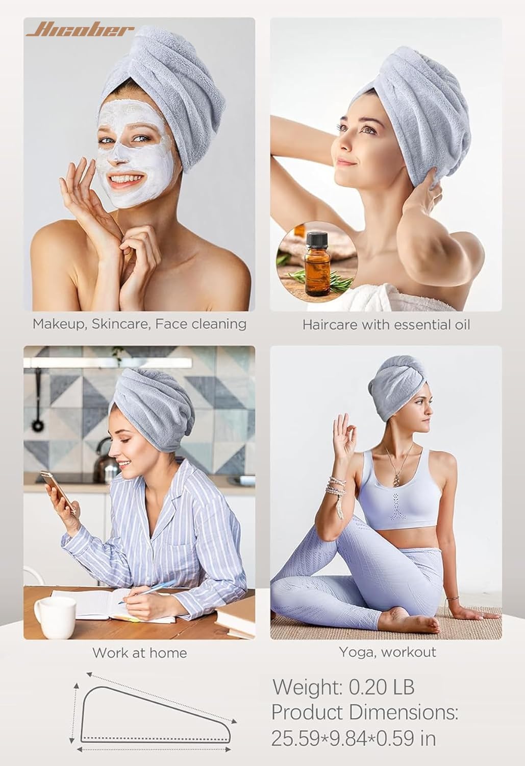 Hicober Microfiber Hair Towel Wrap for Women, Blue Grey Pink, 3-Pack