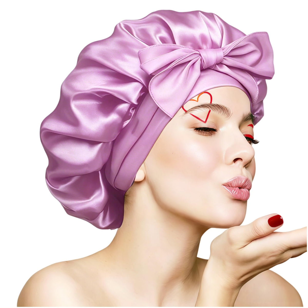 Silk Bonnet for Sleeping Women, Ajustable Hair Bonnet for Curly Hair with Tie Band Shower Caps Pink，Large