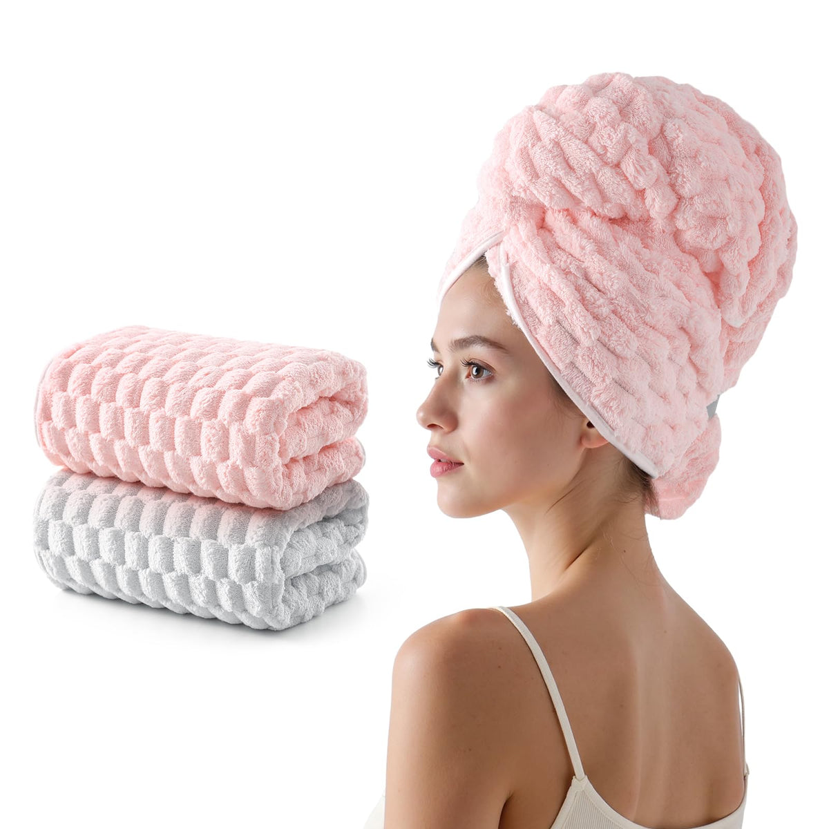 REDKISS 3 Pack Microfiber Hair Towels - Extra Large Hair Towel Wrap for Women, 24x42 inch Hair Towels with Elastic Strap, Super Soft Hair Drying Towels for Long, Thick, Curly Anti Frizz Turbans