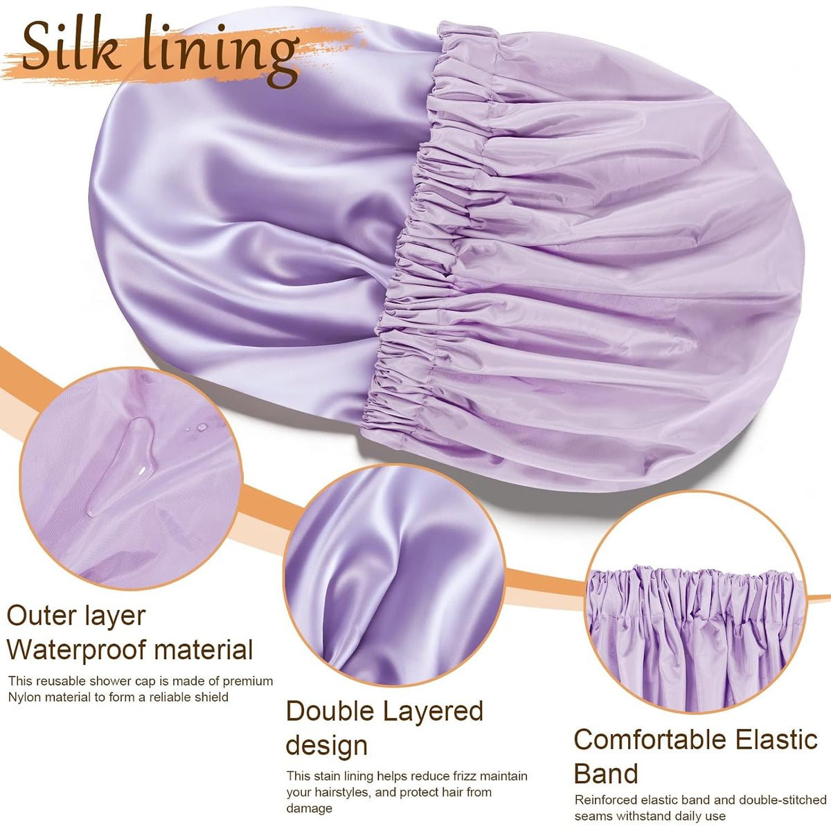 Shower Cap for Women, Reusable Waterproof Satin Lined Shower Cap