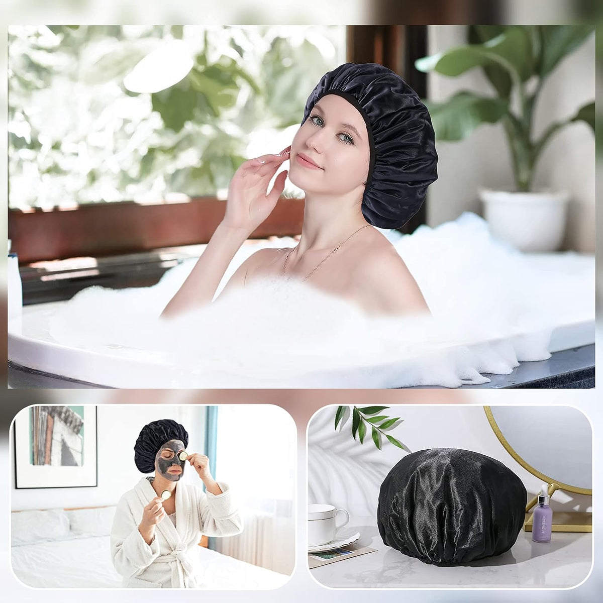 YIZIJIZI Large Terry Lined Shower Cap for Women, Reusable Waterproof