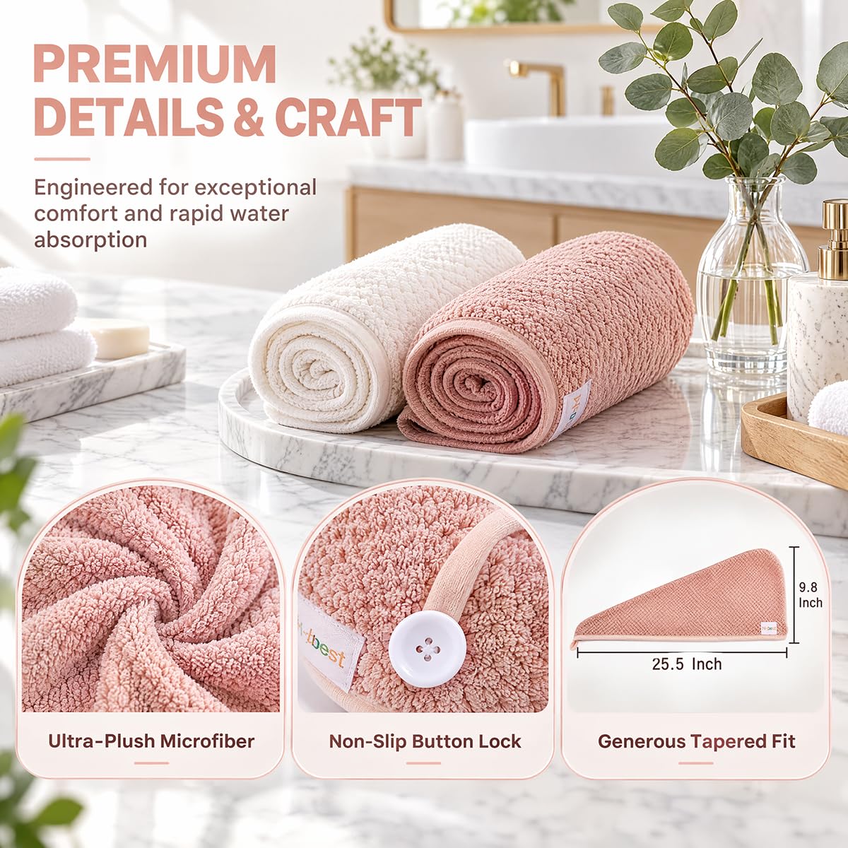 M-bestl 2 Pack Microfiber Hair Towel Wrap with Button,Quick Dry(Pink&Beige)