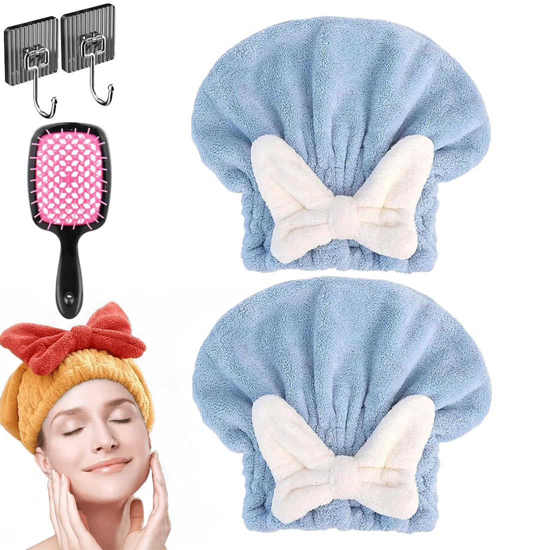 New Super Absorbent Hair Towel Wrap for Wet Hair, Microfiber Super Absorbent Hair Towel Wrap, Soft Absorbent Quick Drying Cap with Bow-Knot, Make Your Hair Smoother and shinier (2Pcs-A)