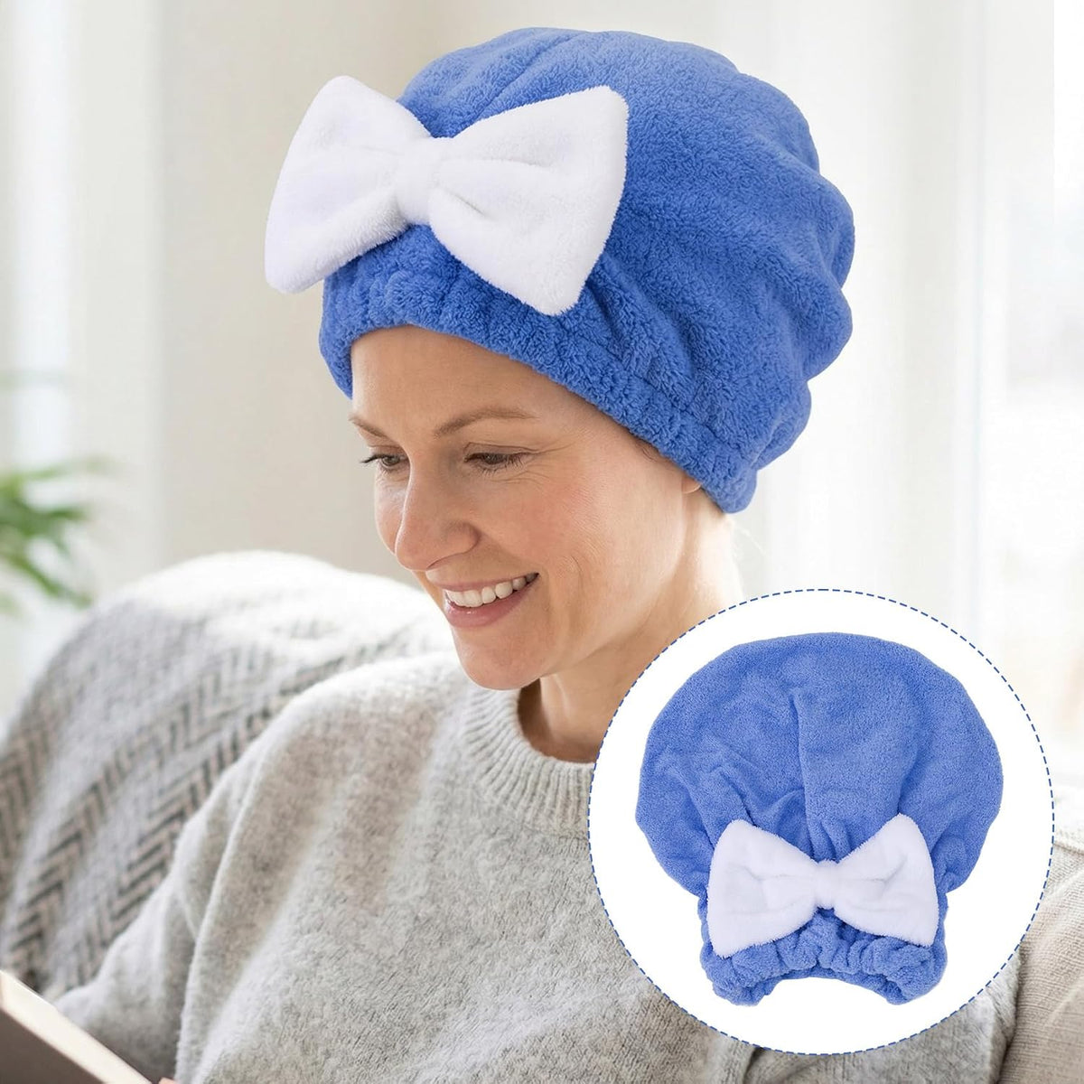 2PCS Hair Towel Wrap for Women, Soft Microfiber Hair Drying Caps with Bow, Super Absorbent Fast Drying Towel Wrap for Shower Bathroom Daily - Pink, Blue
